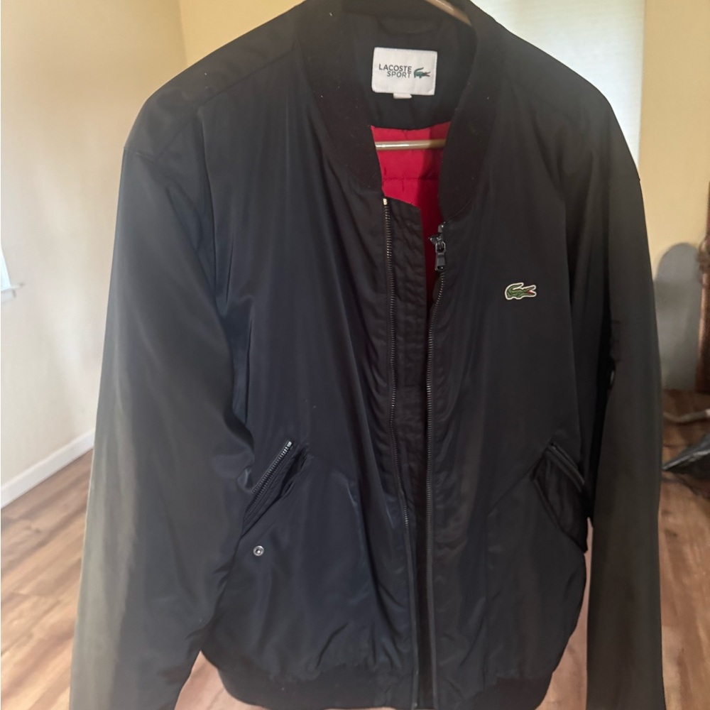 Lacoste Men's Black Bomber Jacket with Red Lining